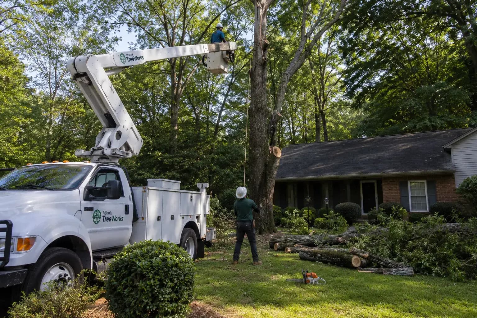 Tree crew using ropes to lower a large limb beside an Orlando home